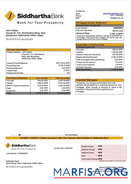 Downloadable Nepal Siddhartha Bank mortgage statement Word and PDF template